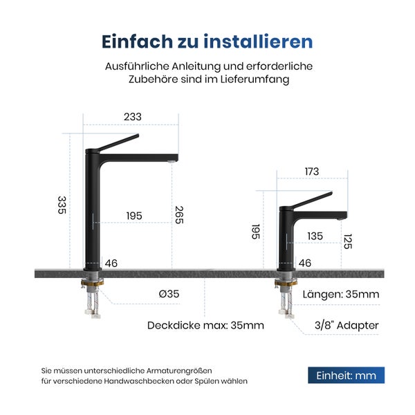 Technische Zeichnung von zwei Armaturen mit Maßangaben