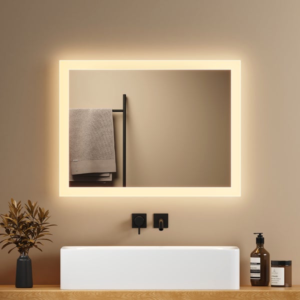 EMKE LED Badspiegel 60×45 cm, Warmweiß/Kaltweiß, seitlicher Kippschalter, beschlagfrei, IP44, mit mattiertem Rand, für Badezimmer