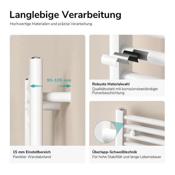 Infografik zur langlebigen Verarbeitung eines Badheizkörpers mit Angaben zum Wandabstand, Materialqualität und Schweißtechnik.