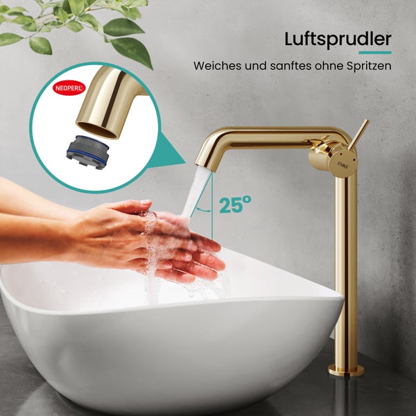 EMKE Einhebel-Waschtischarmatur, Badarmaturen, Waschbecken Armatur - Schweizer Design，G3/8, Wassersparend, Korrosionsschutz, Warm- & Kaltwasser, Bleifreies Messing,332x220x76mm,Champagnergold