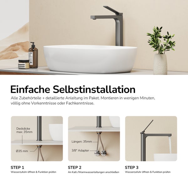 Installationsanleitung für eine mattschwarze Waschtischarmatur in drei Schritten inklusive Montagevorgaben und Anschlussdetails.