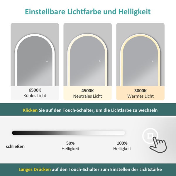 EMKE Bogen Standspiegel Ganzkörperspiegel mit Beleuchtung 3 Lichtfarbe Einstellbar Dimmbar, mit Rahmen aus Aluminiumlegierung für Wohn-,Schlaf-, Aufenthalt und Ankleidezimmer, Weiß, 160x60cm