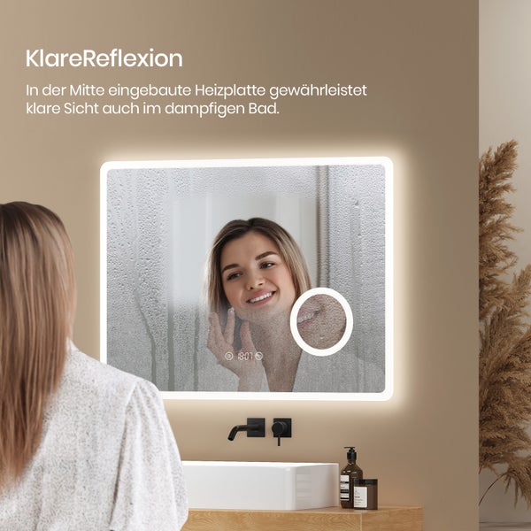 EMKE Smart LED Badspiegel 80x60 cm, 3 Farbtemperaturen, dimmbar, Touch, Anti-Beschlag, 3x Vergrößerung, Bluetooth 3-Tasten, horizontal, IP44, für Bad
