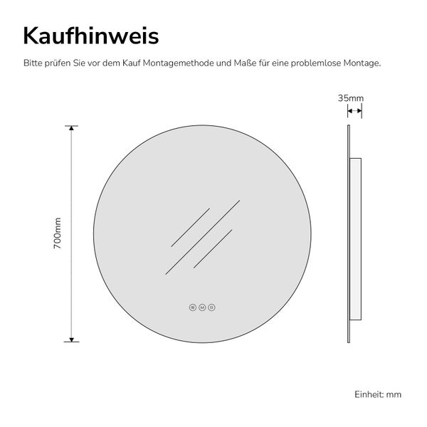 Maßzeichnung eines runden Spiegels mit einem Durchmesser von 700 Millimetern und einer Tiefe von 35 Millimetern.