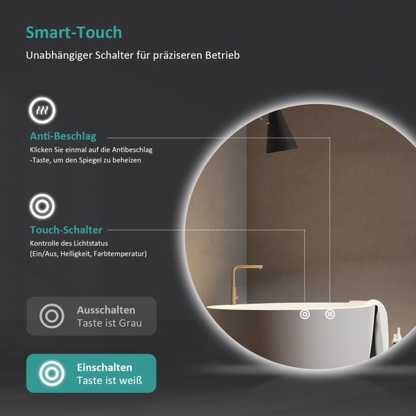 Smart Touch mit unabhängigem Schalter für präzisen Betrieb, Anti-Beschlag Funktion, Touch-Schalter zur Lichtsteuerung, Ein- und Ausschaltfunktion.