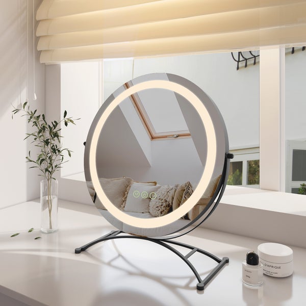EMKE Kosmetikspiegel mit Beleuchtung Ø50 cm, Tischspiegel mit Touchschalter und 3 dimmbaren Lichtfarben, 360° drehbar, 4 mm rostfreier Spiegel, Metallrahmen, bohrfrei, Schwarz