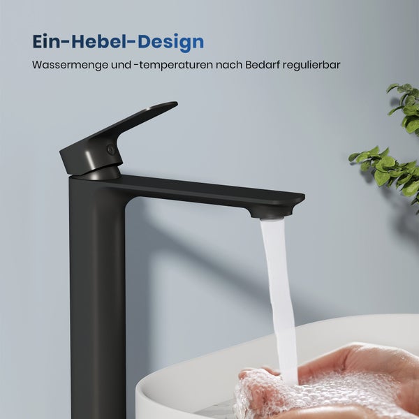 EMKE Badezimmerarmatur, Waschtischmischer, Haushaltswasserhahn, Waschtischarmatur für Aufsatzwaschbecken, Kurz Waschtischarmatur Messing Mischbatterie, Schwarz Matt,L215 x H 269mm