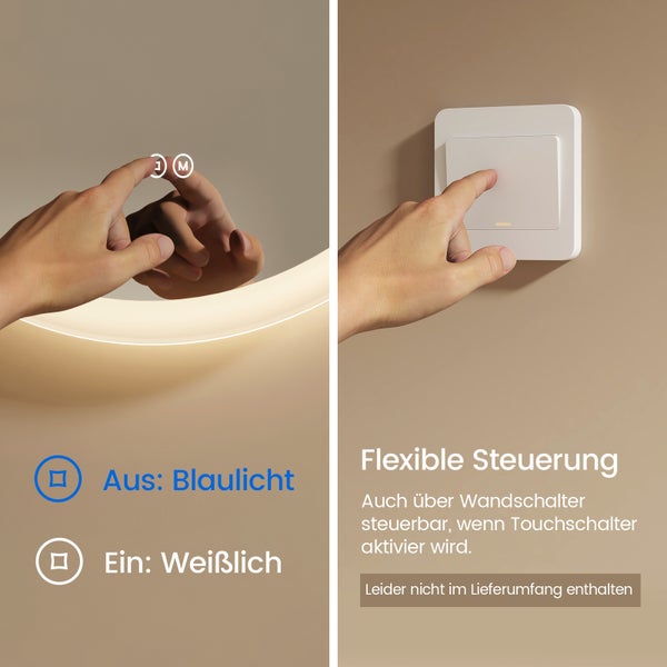 EMKE Badspiegel mit Beleuchtung Ø50 cm, rund, LED Wandspiegel, Touch-Schalter, dimmbar, Anti-Beschlag, 4 mm Glas, Memory, satiniert, rostfrei, für Badezimmer