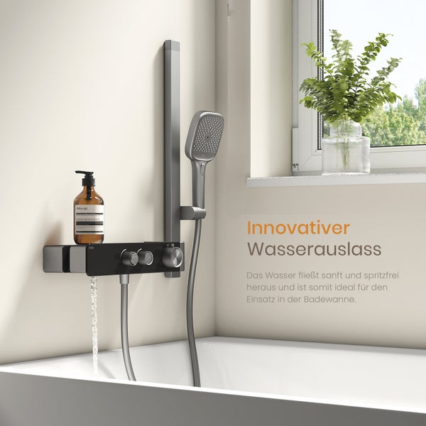 EMKE Duschsystem mit 2 Wasserabläufen, Duschkopf & Handbrause mit 3 Funktionen, 355 mm langer Auslauf, matt anthrazit, modernes Design, 355×150×1150 mm