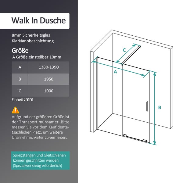 Walk-in-Dusche EMKE Eckdusche Duschabtrennung 140cm Breit 195 cm Höhe, Walk In Duschen, Duschtür mit Seitenwand, 8mm ESG-Sicherheitsglas mit Nano Beschichtung, Schwarz
