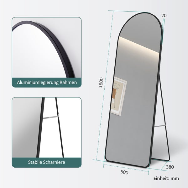 EMKE Bogen Standspiegel Ganzkörperspiegel mit Rahmen aus Aluminiumlegierung für Wohn-,Schlaf-, Aufenthalt und Ankleidezimmer, Schwarz, 160x60cm
