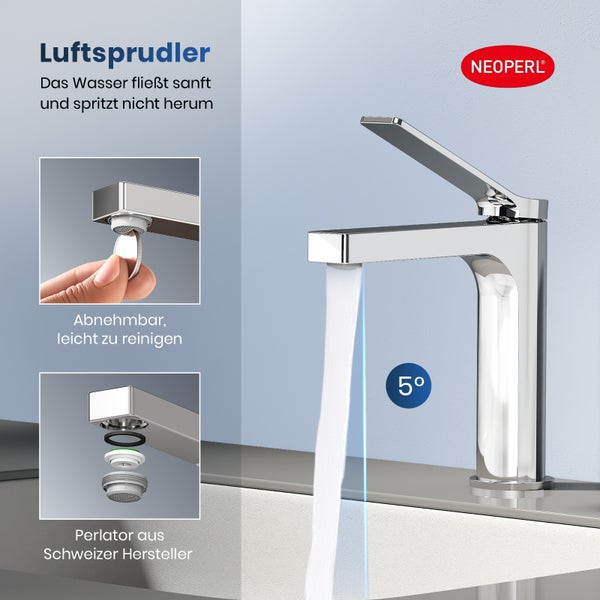 Wasserhahn mit Luftsprudler und Neoperl Logo