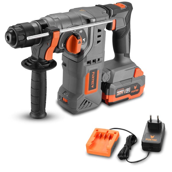 Akku Bohrhammer von Fuxtec mit 20 Volt Akku und Ladegerät für kraftvolle Bohr- und Meißelarbeiten.
