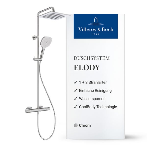 Villeroy und Boch Duschsystem Elody mit Thermostat, Kopfbrause, Handbrause, Duschstange und Brauseschlauch in Chrom