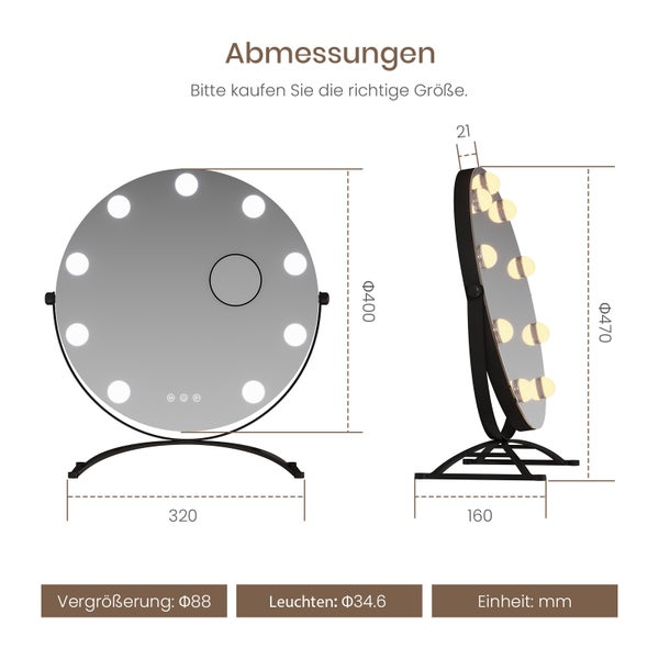 Abmessungen eines runden Kosmetikspiegels mit Beleuchtung auf einem Ständer