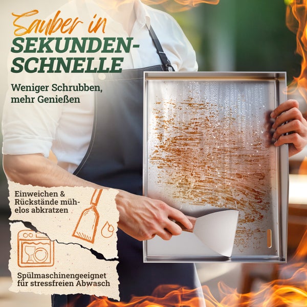 LIKAYA Plancha Edelstahl Grillplatte [40x40cm] – Verzugsfreier 4mm Edelstahl inkl 2x Grillspachtel mit FSC-Akazienholzgriff – Perfekt für Smash Burger, Gemüse & mehr!