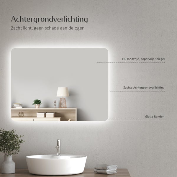 EMKE Badspiegel mit Beleuchtung 60 x 50 cm, Warmweiß/Kaltweiß, beschlagfrei, LED-Rückbeleuchtung, Kippschalter, IP44, für Bad