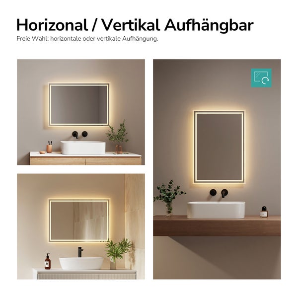 Rechteckiger Badezimmerspiegel mit integrierter Beleuchtung über einem Waschbecken in einem modernen Badezimmer, horizontal oder vertikal montierbar.