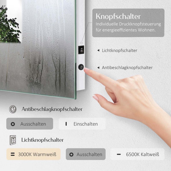EMKE LED Badspiegel 60x45 cm, Badezimmerspiegel mit Touch-Schalter, Antibeschlag, Sicherheitsfolie, Warmweiß/Kaltweiß, IP44 Wandspiegel für Bad