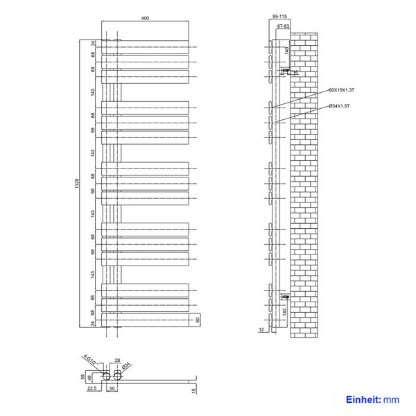 EMKE Badheizkörper Flach 1320x400 mm Weiß, Handtuchwärmer für Badezimmer Handtuchtrockner, Panel Handtuchhalter Seitenanschluss für Wasser 570W