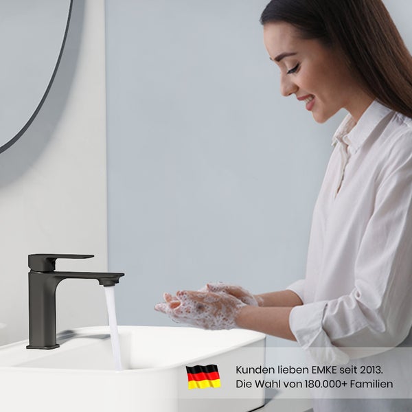 EMKE Badezimmerarmatur, Waschtischmischer, Haushaltswasserhahn, Waschtischarmatur für Aufsatzwaschbecken, Kurz Waschtischarmatur Messing Mischbatterie, Schwarz, L166 x H 152mm