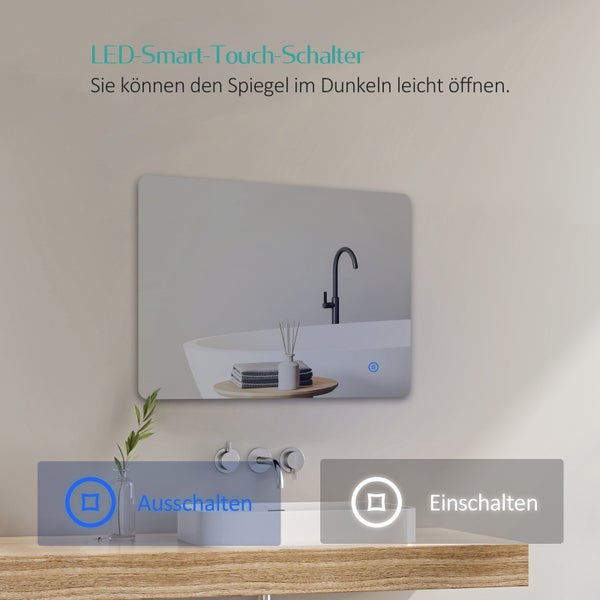 EMKE Badspiegel mit Beleuchtung 80x60 cm, LED-Spiegel mit Touchschalter, 3 Lichtfarben einstellbar, Beschlagfreie, Anti-Rost Spiegel, IP44, für Bad