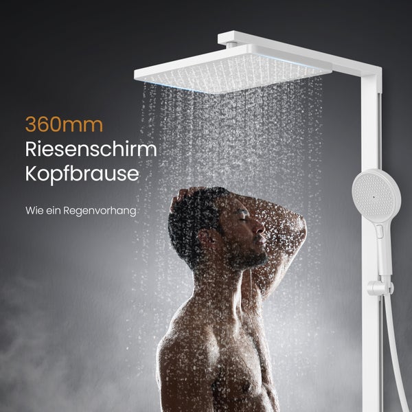 EMKE Duschsystem Duschsystem mit Thermostat Duschset mit 40cm Thermostatische Platte, 4 Strahlart(en), Brausestange, Handbrause, Regendusche, Wasserauslass,Weiß