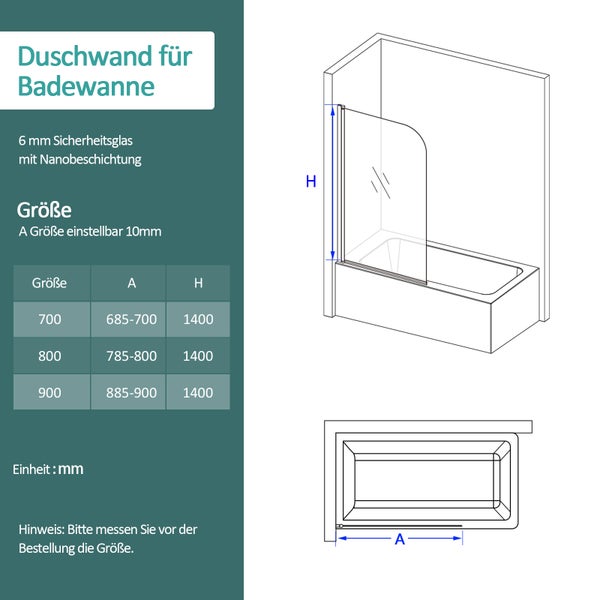 EMKE Badewannenaufsatz 70 x 140 cm, Duschwand für Badewanne, 6 mm ESG-Sicherheitsglas mit Nano-Beschichtung, Schwenktür mit Hebe-Senk-Funktion, Chrom