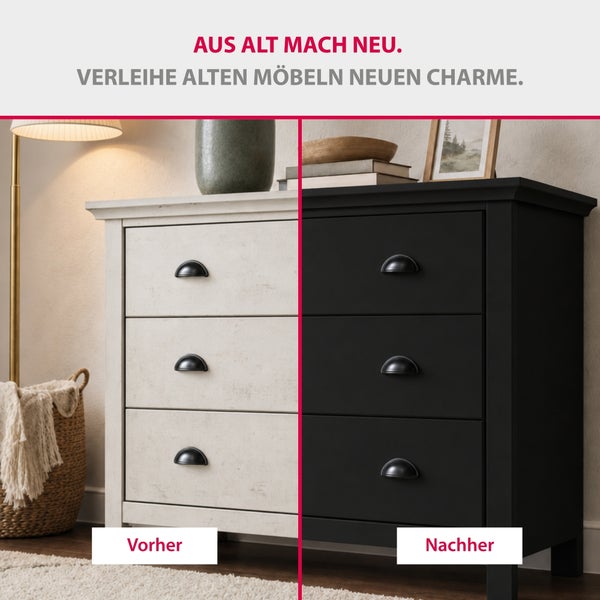 Vorher-Nachher-Vergleich einer Kommode: Die helle Kommode im Vintage-Look wurde mit schwarzer Möbelfarbe deckend umgestaltet.