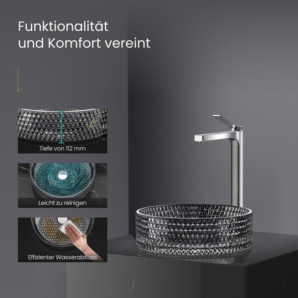 EMKE Aufsatzwaschbecken Ø36 cm, Crystal Glass, Rundes Waschbecken, Schwarz, Höhe 112 mm, Elektroplattiertes Design, Ohne Hahnloch, Modernes Badezimmer Waschtisch