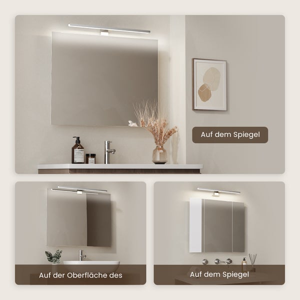 Verschiedene Ansichten eines Spiegelschranks mit Beleuchtung im Badezimmer.