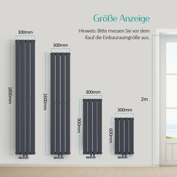 EMKE Heizkörper Flach Designheizkörper, Paneelheizkörper, Vertikal, Einlagig, Mittelanschluss, 600x 300 mm, 233W,  Schwarz