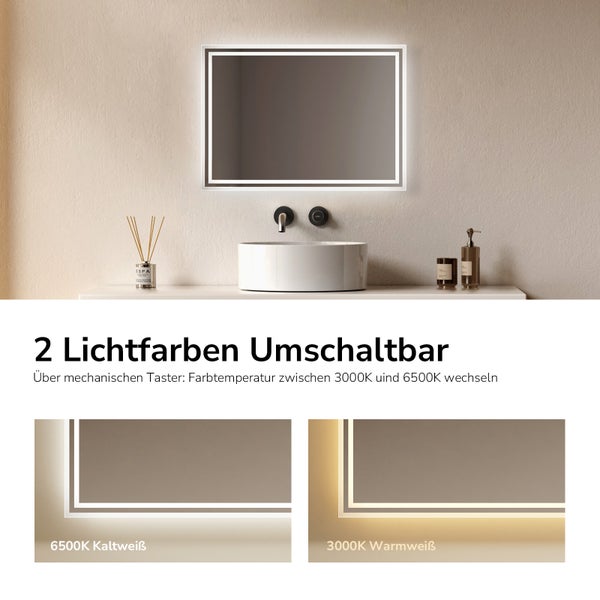 LED Badspiegel mit umschaltbarer Farbtemperatur zwischen 3000 Kelvin Warmweiß und 6500 Kelvin Kaltweiß über einen mechanischen Taster.
