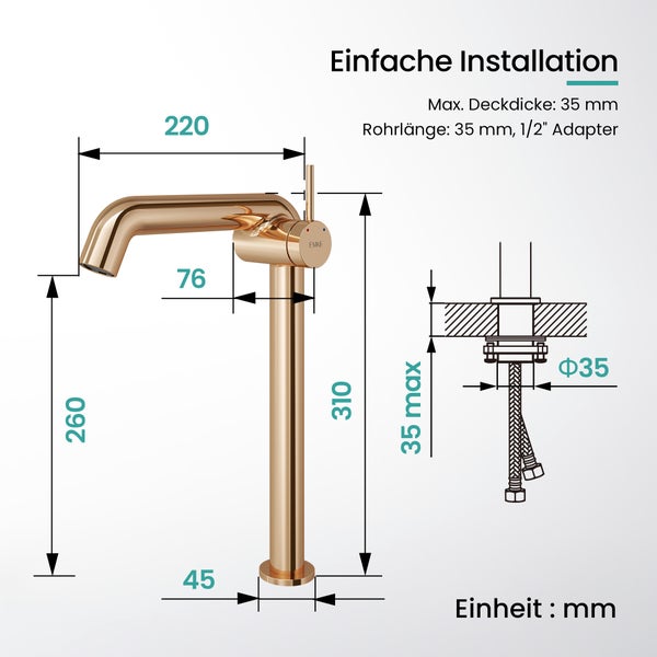 EMKE Einhebel-Waschtischarmatur, Badarmaturen, Waschbecken Armatur - Schweizer Design，G3/8, Wassersparend, Korrosionsschutz, Warm- & Kaltwasser, Bleifreies Messing,332x220x76mm,Rosengold