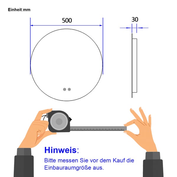EMKE Badspiegel mit Beleuchtung LED-Spiegel mit Touchschalter,  rund, 3 dimmbare Lichtfarben, ф50cm
