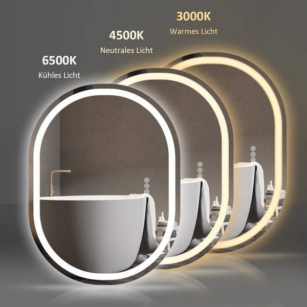 EMKE Badezimmerspiegel mit Beleuchtung 600x800 mm – Oval, Dimmbar, Antibeschlag, Stromausfall-Speicher, Touch-Schalter, 5mm Rostfreier Spiegel, Mattierte Spiegelkante, IP44