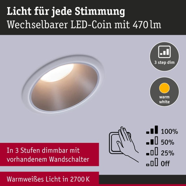 LED Einbauleuchte 3-Step-Dim Cole Coin 6er-Set IP44 rund 88mm Coin 6x6W 6x470lm 230V dimmbar 2700K Weiß, Silber matt