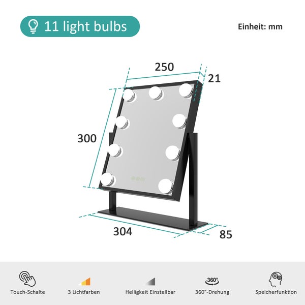 EMKE Hollywood Kosmetikspiegel mit Beleuchtung 305x360 mm, LED Schminkspiegel mit Metallrahmen, 7x Vergrößerung, 9 dimmbare Lichtquellen, 3 Lichtfarben, Memory-Funktion, 360° drehbar, Schwarz – für Schminktisch & Schlafzimmer
