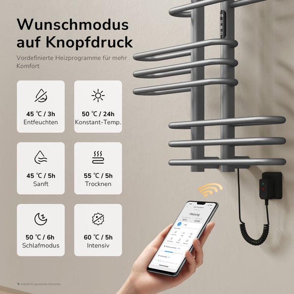 Elektrischer Handtuchheizkörper mit App Steuerung und sechs wählbaren Heizprogrammen zur individuellen Temperaturregelung.