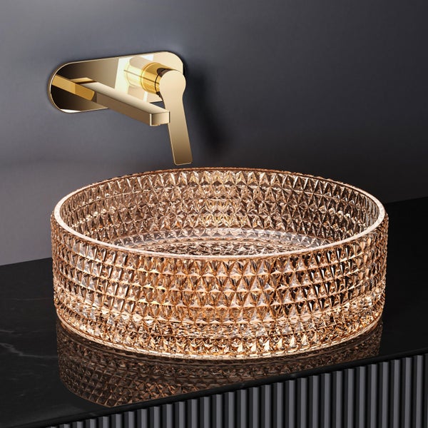 Runde Kristallglas-Waschschüssel mit goldener Armatur