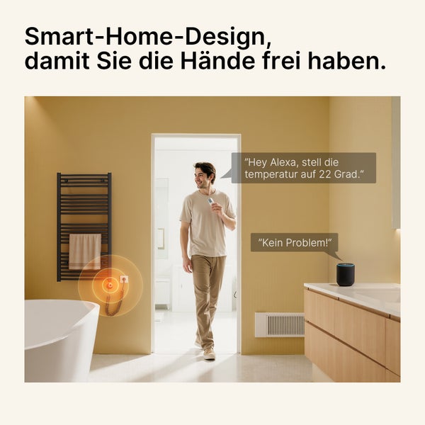 Badezimmer mit Handtuchwärmer, Heizlüfter, Sprachassistent und Mann mit Smart Home Steuerung
