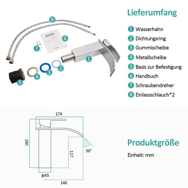 EMKE Waschtischarmatur Wasserfall, Einhebelmischer Chrom, 183 × 174 × 45 mm, KTW-zertifiziert, Badarmatur für Waschbecken, Mischbatterie für Warm- und Kaltwasser