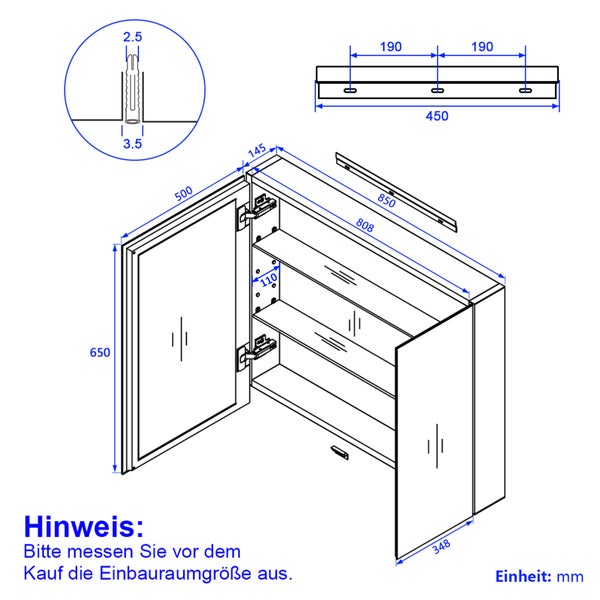 EMKE Spiegelschrank 85L x 65H x 14,5T cm, Badezimmerschrank Weiß, 2-türig mit 3 mm kupferfreiem & rostfreiem Spiegelglas, 3 Ablagen, 105° Türöffnung, 304 Dämpfscharniere, großer Stauraum