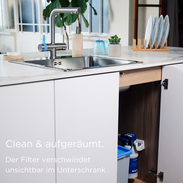 Helle, aufgeräumte Küche mit Edelstahlspüle, Armatur und einem im Unterschrank installierten Wasserfiltersystem.