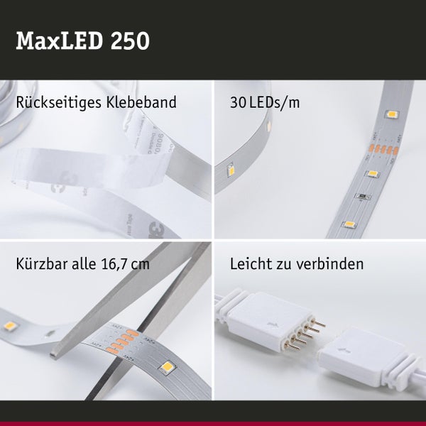 MaxLED 250 LED Streifen Eigenschaften: selbstklebend, 30 LEDs pro Meter, kürzbar alle 16,7 Zentimeter und leicht zu verbinden.