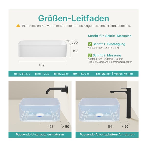 Größenleitfaden für Waschbecken mit Maßangaben und Installationshinweisen
