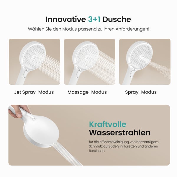 Innovative 3+1 Duschkopf mit verschiedenen Strahlarten für die effiziente Reinigung