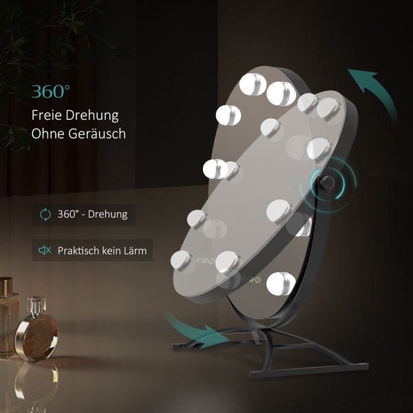 EMKE Hollywood Schminkspiegel Ø50 cm, LED-Tischspiegel mit 11 dimmbaren Leuchtmitteln, Touch-Funktion, 3 Lichtfarben, 7x Vergrößerung, Memory-Funktion, 360° drehbar, bohrfrei, Schwarz, für Schminktisch & Schlafzimmer