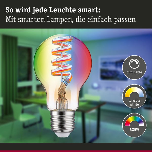 Smarte LED-Lampe mit spiralförmigem Filament, dimmbar, mit einstellbarem Weißton und RGBW-Farbsteuerung.