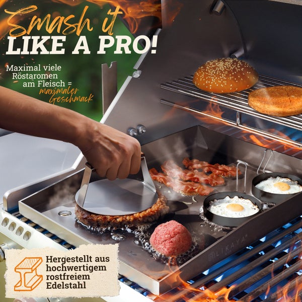 LIKAYA® Burger Smasher & Grillspachtel Set [4-tlg.]  Edelstahl mit Akazienholz-Griff für Plancha, Grillplatte, Gasgrill & Feuerplatte | 1x Smasher, 1x Spachtel, 1x Wender & 20x Burgerpapier
